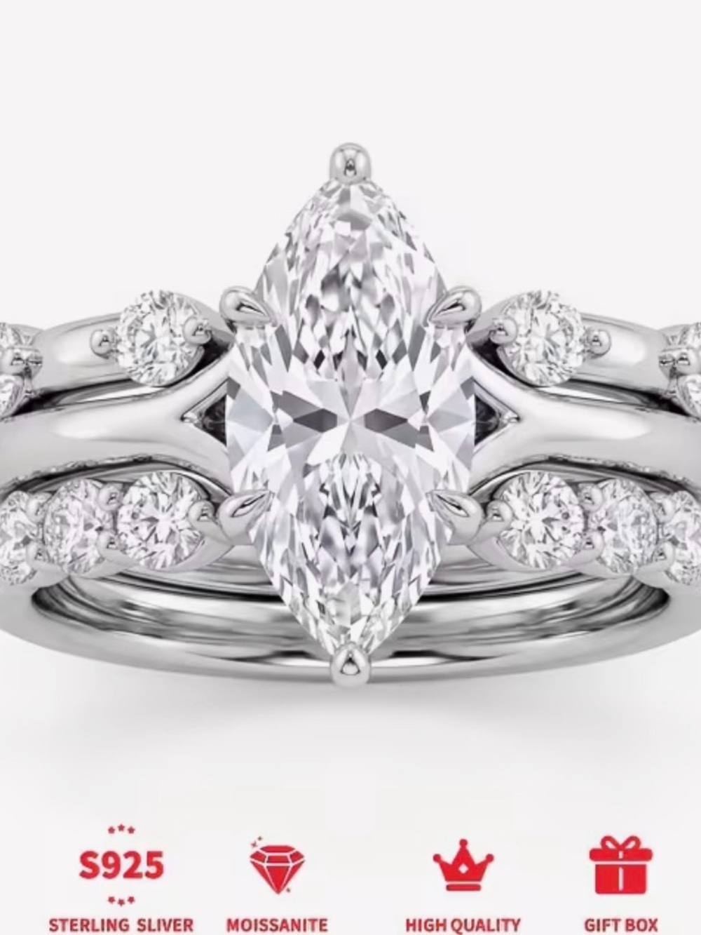 NWT-3-Piece Stackable Sterling Silver 5ct total Marquee set